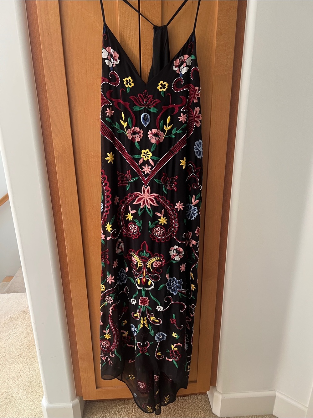 Alice + Olivia Jameson Beaded Black Maxi Dress with Multicolor Floral Embroidery